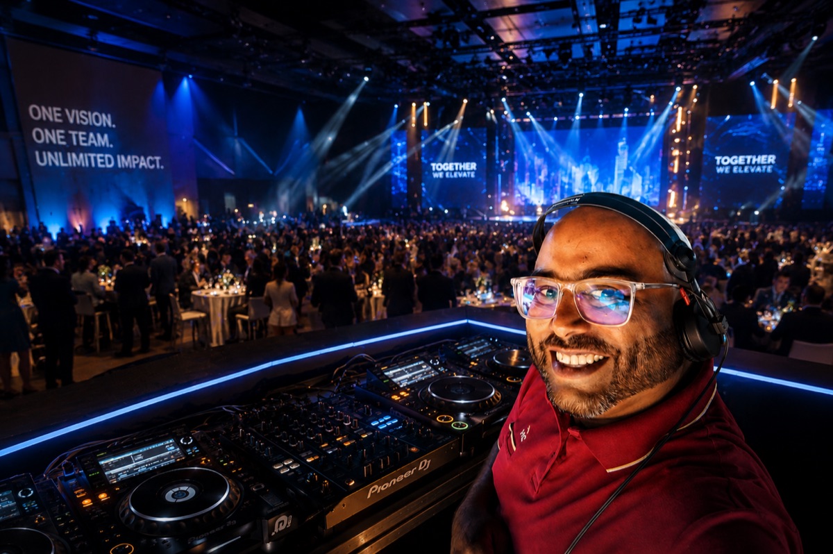 Entertainworx DJ performing for a packed celebration