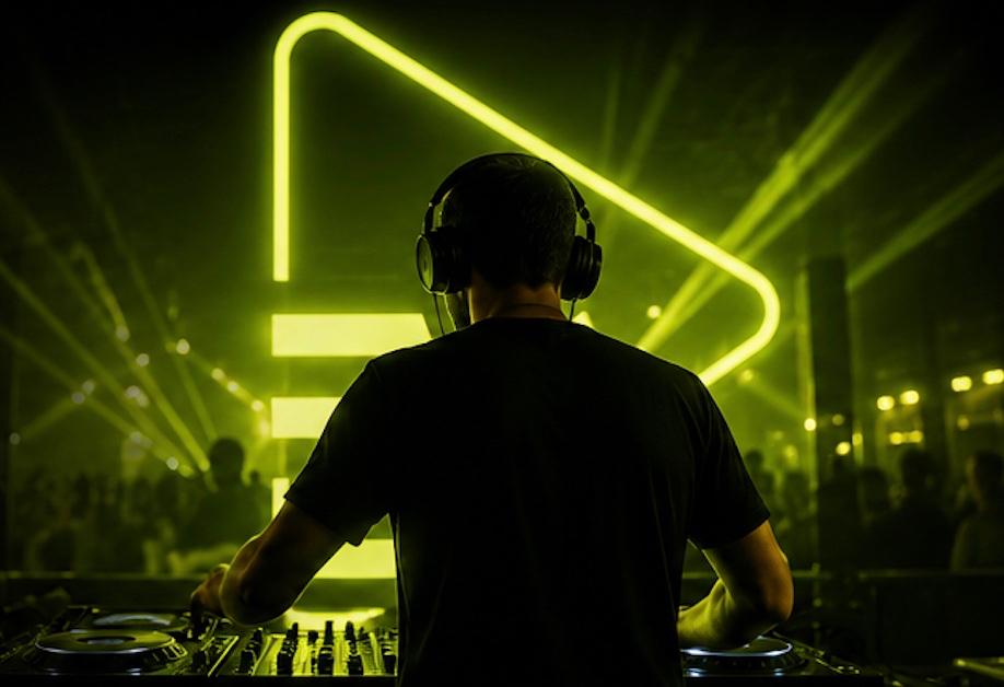 Entertainworx DJ performing in front of a glowing neon green EW play-button